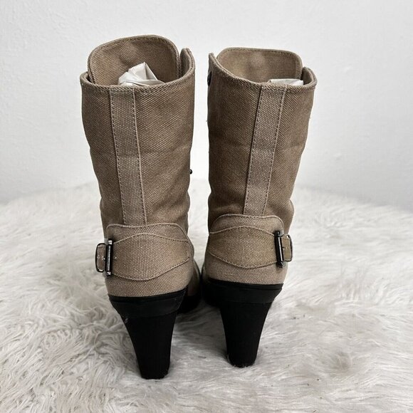 Aldo Beige Green Lace Up Heeled Ankle Boots Canvas Foldover Size 39 EU 8.5 US - Picture 6 of 12